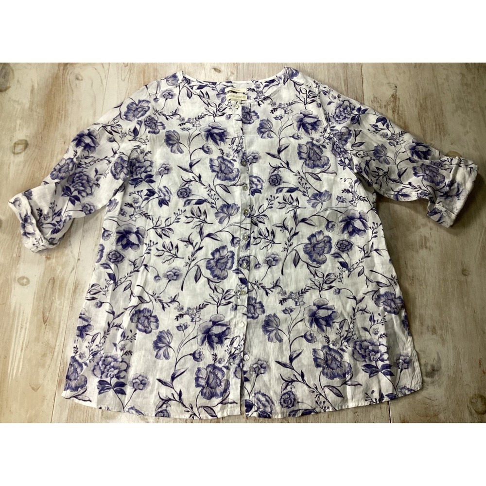 Cynthia Rowley 100% Linen Floral Button Down Blue White Womens 1X 3/4 Sleeve